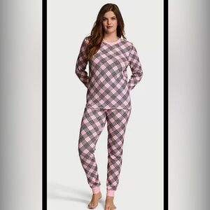 NEW Victoria's Secret Thermal Long Jane John Pajama Set Pink Plaid Large